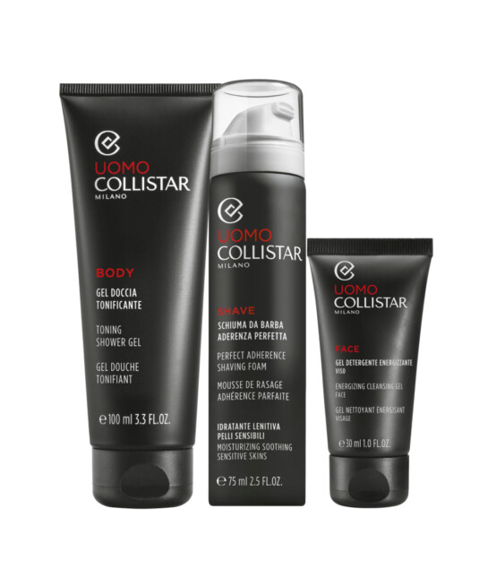 LINEA UOMO - COFANETTO GEL DOCCIA TONIFICANTE 100 ML  + SCHIUMA DA BARBA ADERENZA PERFETTA 75 ML + GEL DETERGENTE ENERGIZZANTE VISO 30 ML